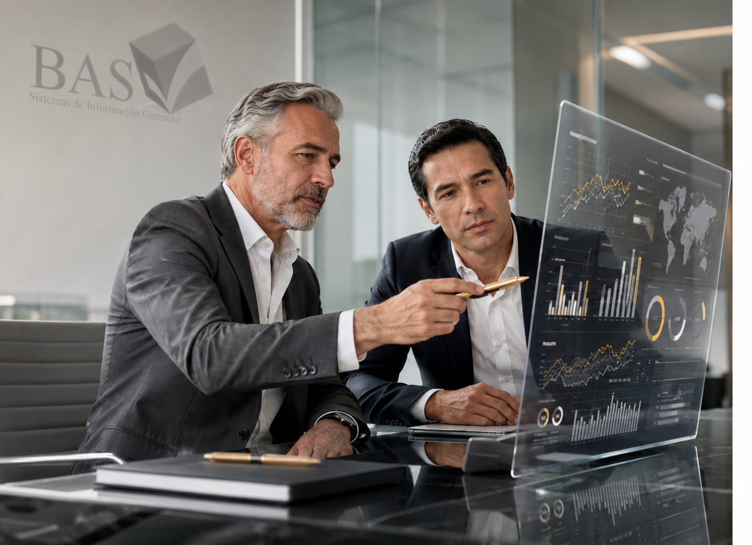 Ejecutivos BAS analizando inteligencia financiera en una pantalla touch transparente con marca BAS al fondo